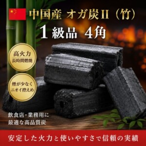 中国産オガ炭II（竹）1級品4角の炭ブリケットが積み重なる写真。高火力・長時間燃焼、煙少なく匂い控えめを訴求。